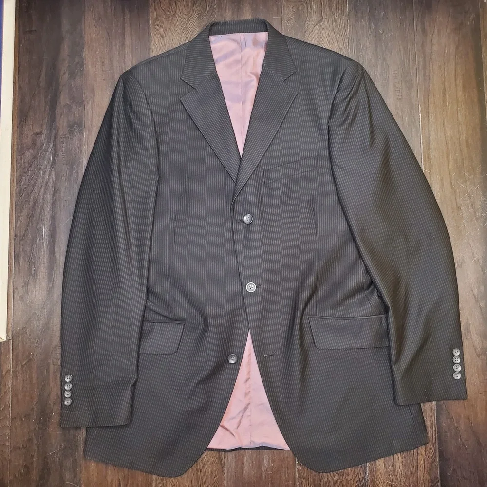 Billy London Mens Sport Coat 40L Black Pinstripe Poly Blend Blazer Jacket 2 Vent